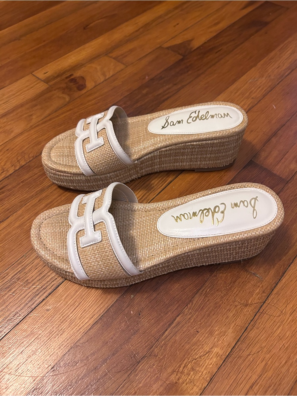 Sam Edelman Pauleena Raffia Double E Logo Platform Wedge Slide Sandals - Picture 2 of 6